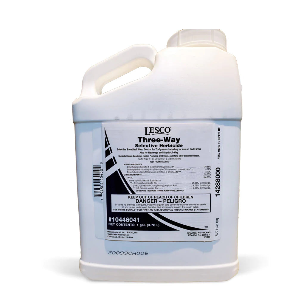 Lesco Three-Way Selective Herbicide for broadleaf weed control.